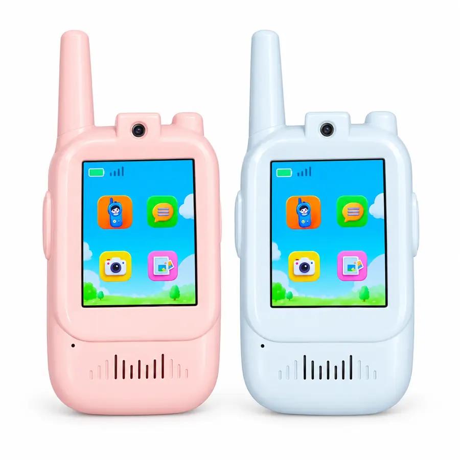 Dos walkie-talkies con videollamada, rosado y celeste, con el menú en pantalla