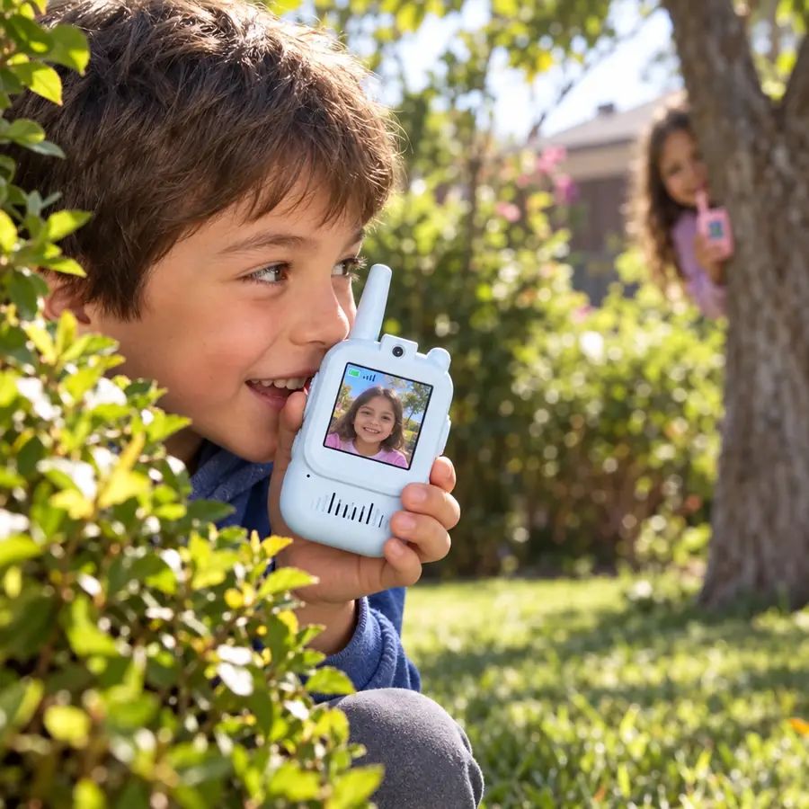 Niño viéndose en la pantalla del walkie-talkie